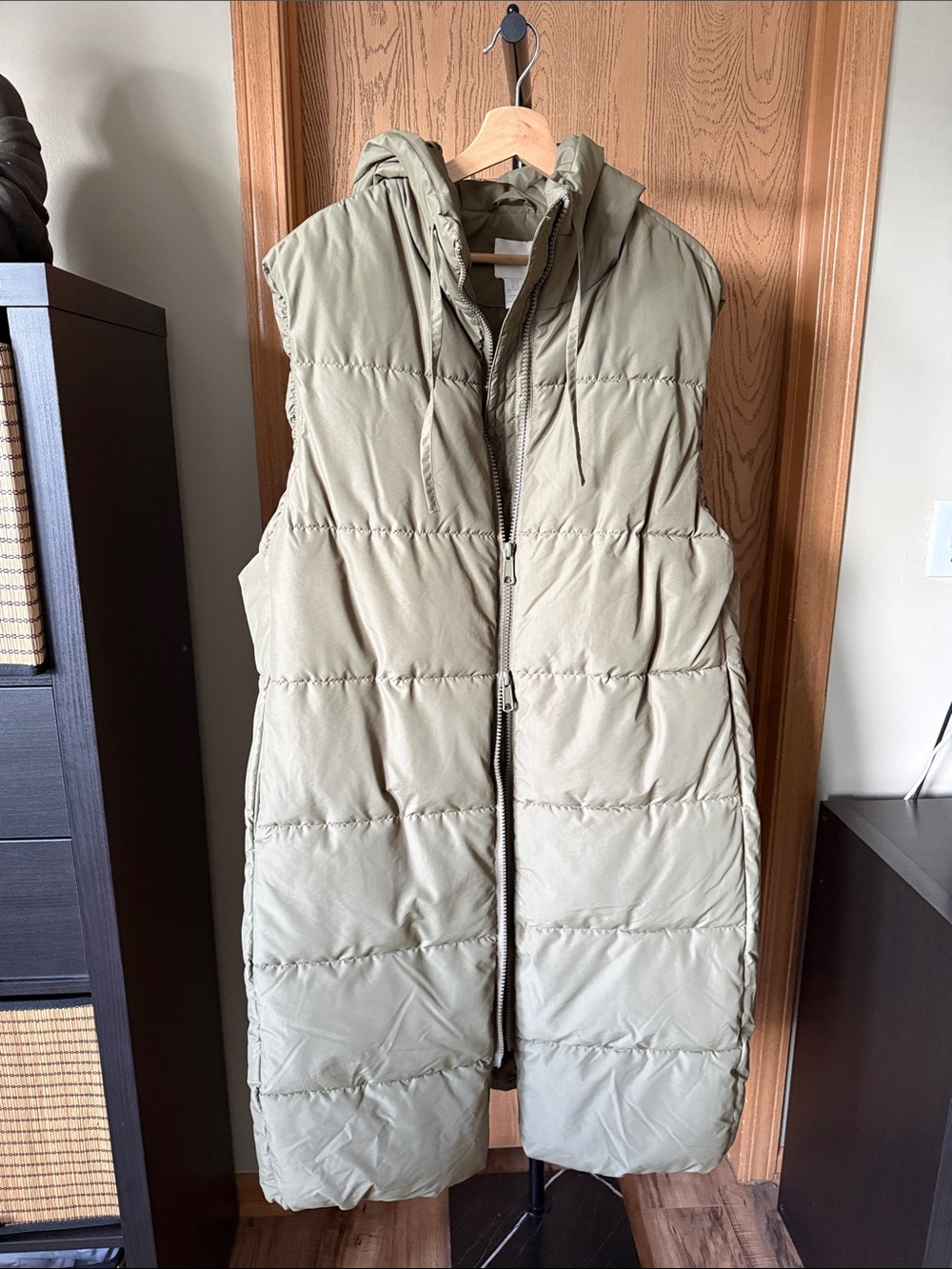 Long Hooded Puffer Vest in Olive Green